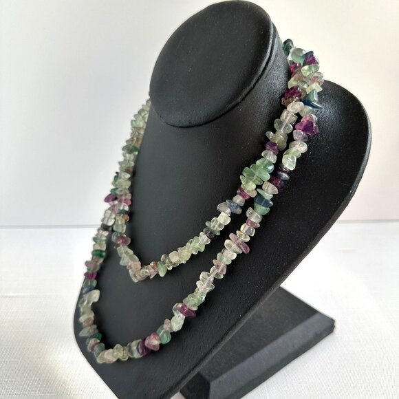 Natural Fluorite Chip Necklace, 35" Long Polished Gemstone Strand, Green & Purpl - Picture 8 of 11